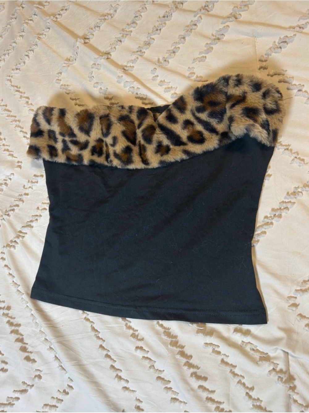 Strapless Black Tank Top with Leopard Faux Fur Trim